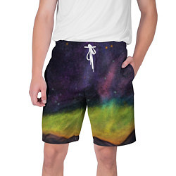 Шорты на шнурке мужские Горный пейзаж со звёздным небом и северным сиянием, цвет: 3D-принт