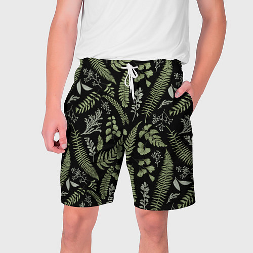 Мужские шорты Зелёные листья папоротника на черном фоне / 3D-принт – фото 1