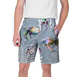 Шорты на шнурке мужские Разноцветные акварельные рыбки и белые водоросли, цвет: 3D-принт