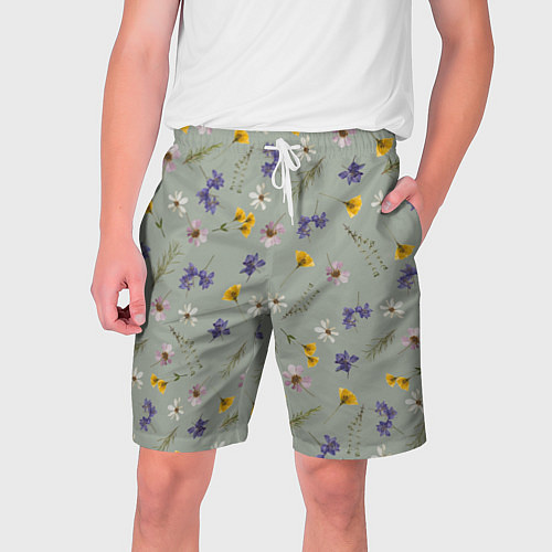Мужские шорты Простой цветочный принт на зеленом фоне / 3D-принт – фото 1