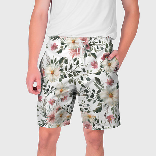 Мужские шорты Цветы Акварельно-Белые / 3D-принт – фото 1