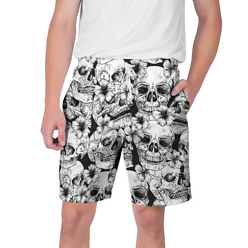 Мужские шорты Чёрно белые черепа и маки / 3D-принт – фото 1