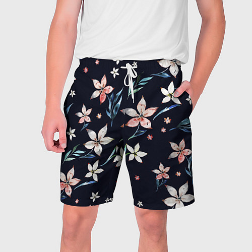 Мужские шорты Цветы Нарисованные Акварелью На Чёрном Фоне / 3D-принт – фото 1