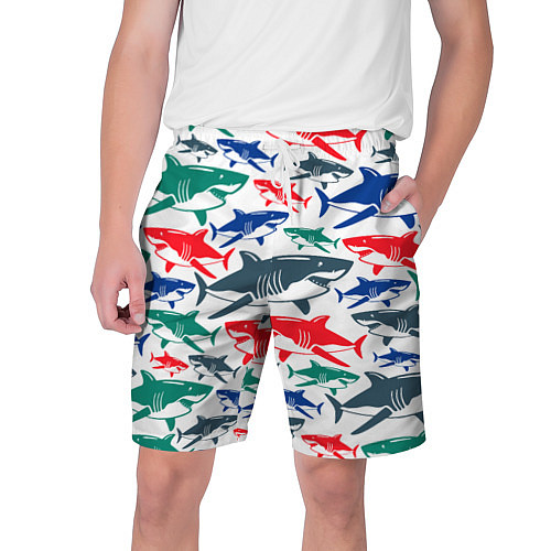 Мужские шорты Стая разноцветных акул - паттерн / 3D-принт – фото 1