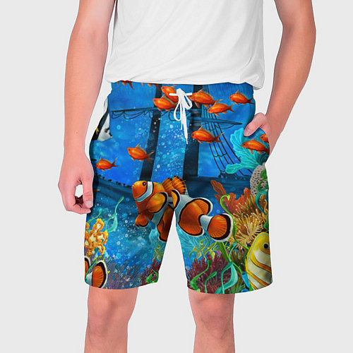Мужские шорты Затонувший корабль в окружении обитателей океана / 3D-принт – фото 1