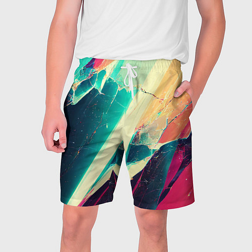 Мужские шорты Разбитый экран, неоновые осколки / 3D-принт – фото 1