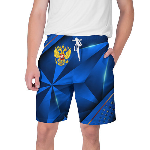 Мужские шорты Герб РФ на синем объемном фоне / 3D-принт – фото 1