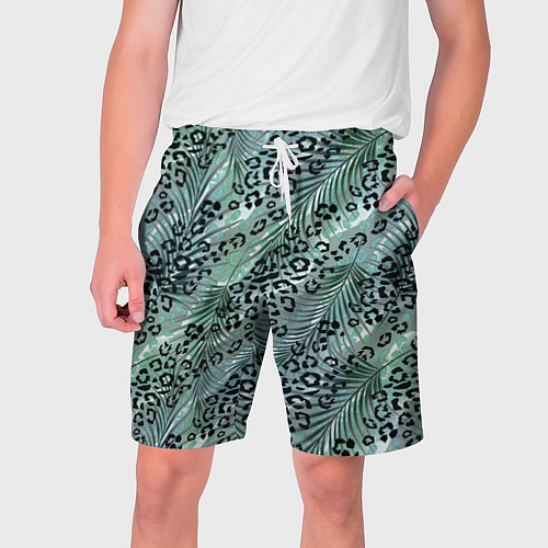 Мужские шорты Листья пальмы на леопардовом серо - зеленом фоне / 3D-принт – фото 1
