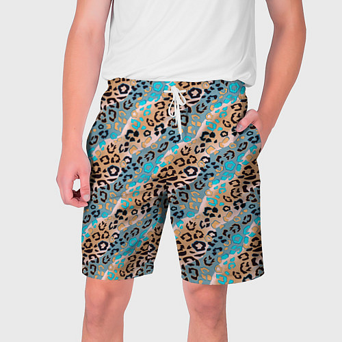 Мужские шорты Леопардовый узор на синих, бежевых диагональных по / 3D-принт – фото 1