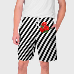 Шорты на шнурке мужские Черно-белые полоски с букетом роз, цвет: 3D-принт