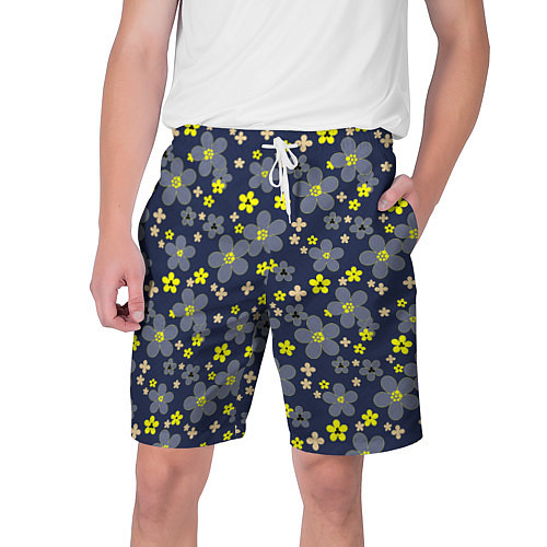 Мужские шорты Лимонного цвета цветы на серо-синем фоне / 3D-принт – фото 1