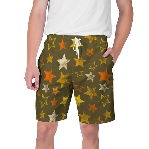 Мужские шорты Желто-оранжевые звезды на зелнгом фоне / 3D-принт – фото 1
