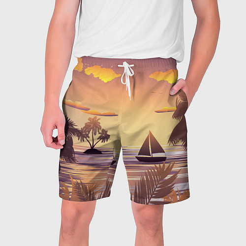 Мужские шорты Лодка в море на закате возле тропических островов / 3D-принт – фото 1