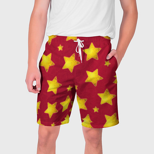 Мужские шорты Золотые звезды и елки на красном / 3D-принт – фото 1