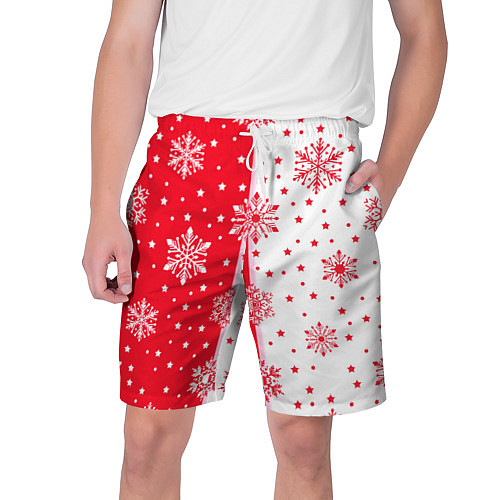Мужские шорты Рождественские снежинки на красно-белом фоне / 3D-принт – фото 1