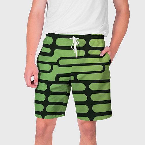 Мужские шорты Зелёный прямоугольный паттерн на чёрном фоне / 3D-принт – фото 1