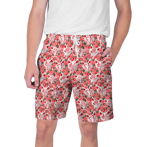 Мужские шорты Маски лисиц кицунэ и цветущая камелия / 3D-принт – фото 1