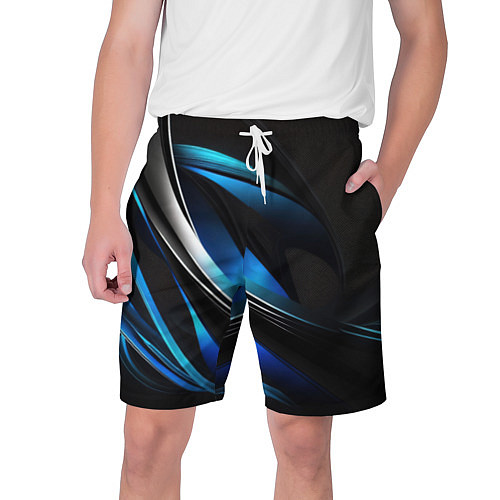Мужские шорты Абстрактные синие и белые линии на черном фоне / 3D-принт – фото 1