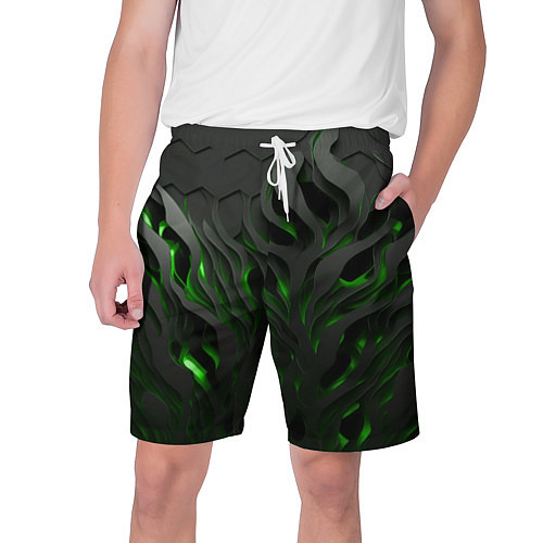 Мужские шорты Объемные черные и зеленые линии / 3D-принт – фото 1