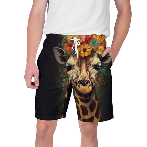 Мужские шорты Портрет жирафа с цветами: арт нейросети / 3D-принт – фото 1