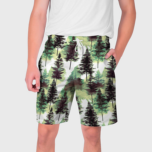 Мужские шорты Хвойный лес - акварель в зеленых тонах / 3D-принт – фото 1
