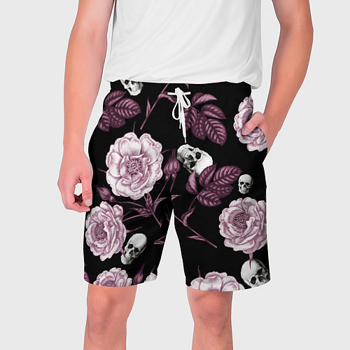 Мужские шорты Розовые цветы с черепами / 3D-принт – фото 1