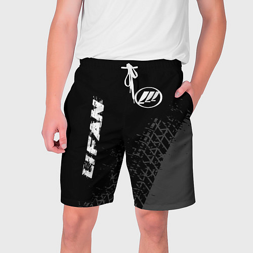 Мужские шорты Lifan speed на темном фоне со следами шин: надпись / 3D-принт – фото 1