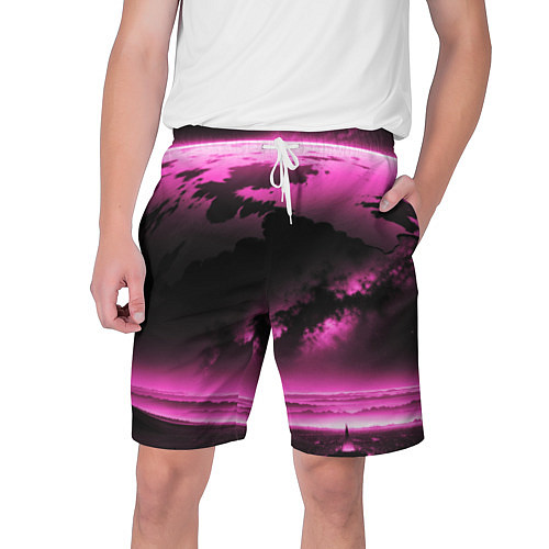 Мужские шорты Сай фай пейзаж в черно розовых тонах / 3D-принт – фото 1