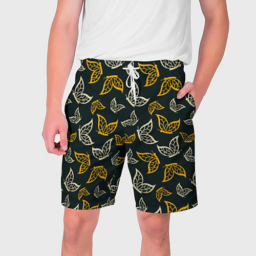 Мужские шорты Бежевые и желтые бабочки на темном фоне / 3D-принт – фото 1