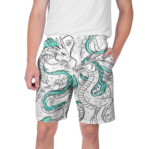 Мужские шорты Дракон Хаку в стиле тату: белый и бирюзовый паттер / 3D-принт – фото 1
