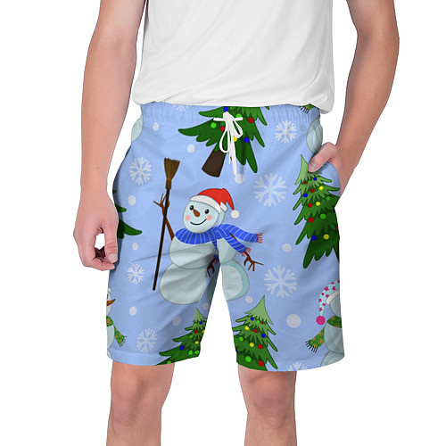 Мужские шорты Снеговики с новогодними елками паттерн / 3D-принт – фото 1