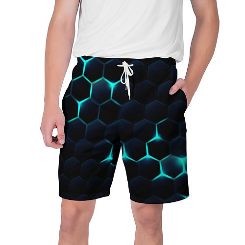 Мужские шорты Бирюзовый сквозь чёрные соты / 3D-принт – фото 1