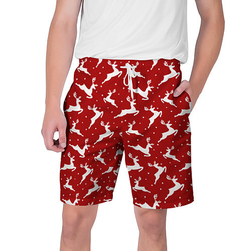 Мужские шорты Красный паттерн с новогодними оленями / 3D-принт – фото 1