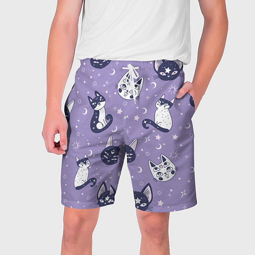 Мужские шорты Мистические кошечки - паттерн фиолетовый / 3D-принт – фото 1