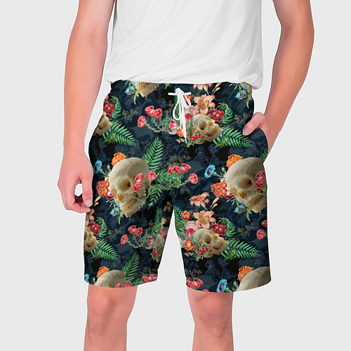 Мужские шорты Узор из черепов с цветами и листьями / 3D-принт – фото 1