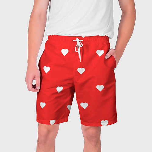 Мужские шорты Белые сердца на красном фоне / 3D-принт – фото 1