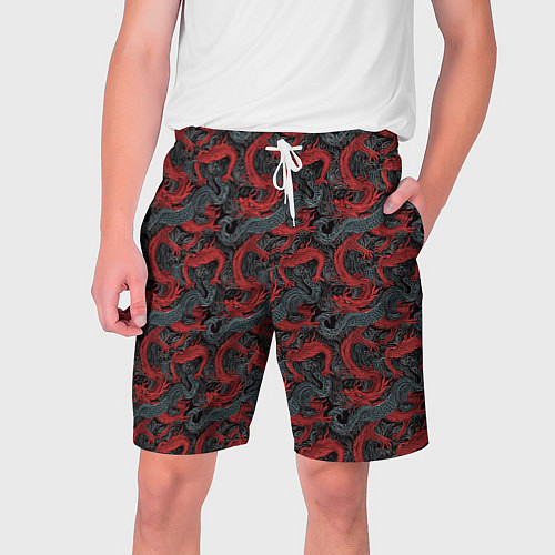 Мужские шорты Красные драконы на сером фоне / 3D-принт – фото 1