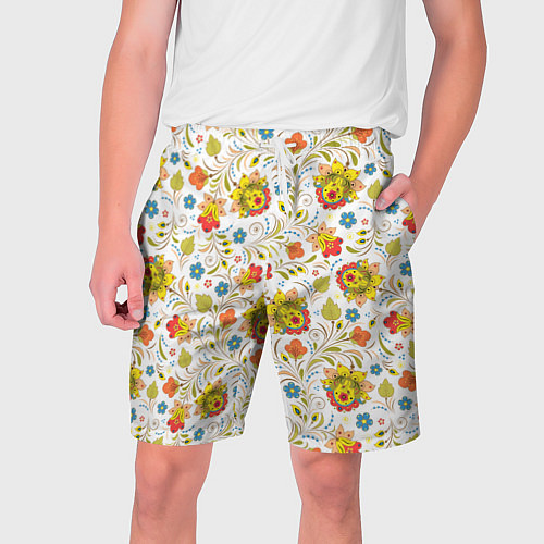 Мужские шорты Хохломская роспись разноцветные цветы на белом фон / 3D-принт – фото 1