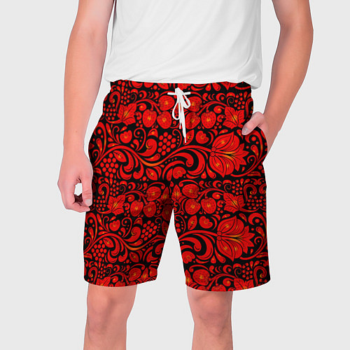 Мужские шорты Хохломская роспись красные цветы и ягоды на чёрном / 3D-принт – фото 1