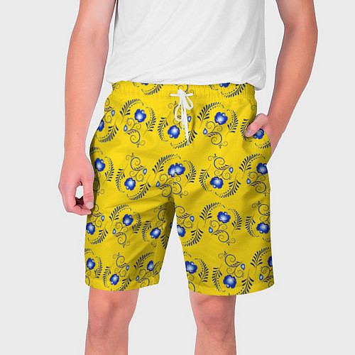 Мужские шорты Узор - цветы гжель на желтом фоне / 3D-принт – фото 1