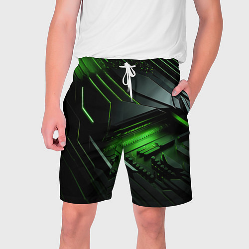 Мужские шорты Металл и зеленый яркий неоновый свет / 3D-принт – фото 1