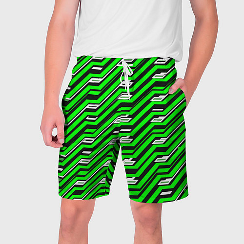 Мужские шорты Чёрно-зелёный линейный узор киберпанк / 3D-принт – фото 1