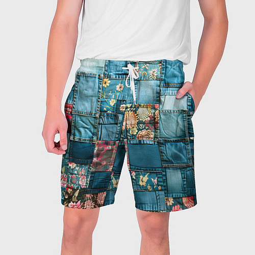 Мужские шорты Джинсовые лоскуты с цветочками / 3D-принт – фото 1