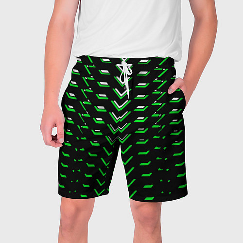 Мужские шорты Зелёно-белые полосы на чёрном фоне / 3D-принт – фото 1