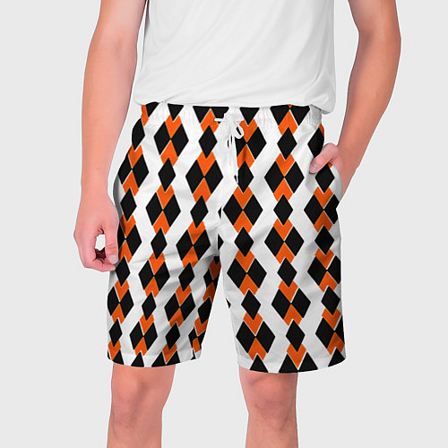 Мужские шорты Чёрные и оранжевые ромбы на белом фоне / 3D-принт – фото 1