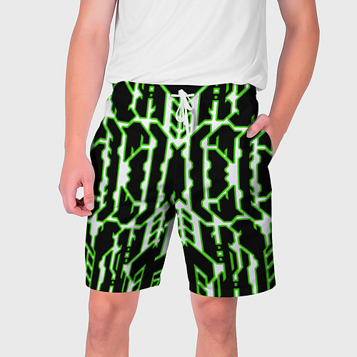Мужские шорты Техно белые линии с зелёной обводкой на чёрном фон / 3D-принт – фото 1