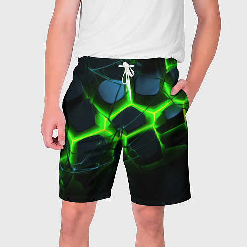 Мужские шорты Зеленый неон и разлом плит / 3D-принт – фото 1