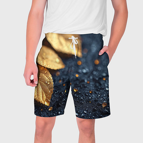 Мужские шорты Золотые листья на темном фоне / 3D-принт – фото 1
