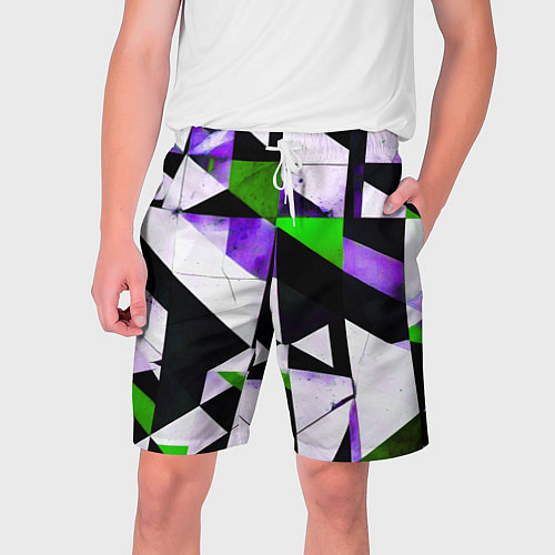 Мужские шорты Зелёно-фиолетовая абстракция на чёрно-белом фоне / 3D-принт – фото 1