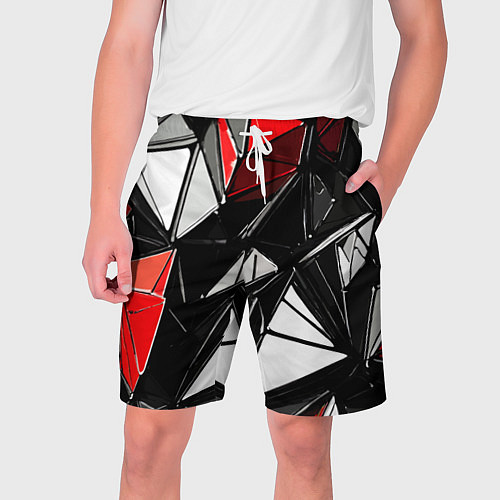 Мужские шорты Красно-белые рельефные треугольники на чёрном фоне / 3D-принт – фото 1